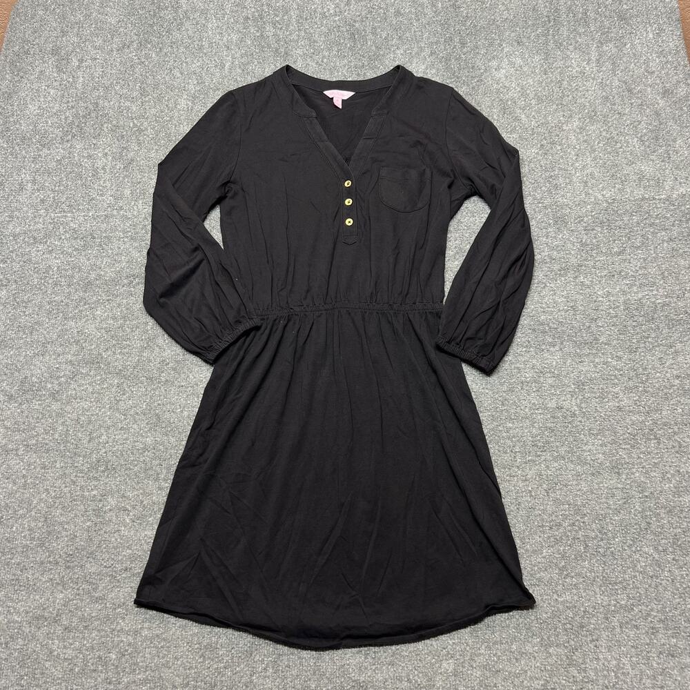 Lilly Pulitzer Dress Womens Medium Black Cotton Henley Fit & Flare Long Sleeve